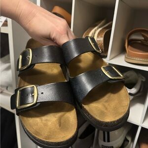 Big buckle sandal footbed Black and Tan Buckle Sandals